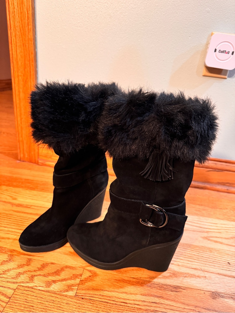 Marc Fisher Black Faux-Fur Wedge Boots with Buckle